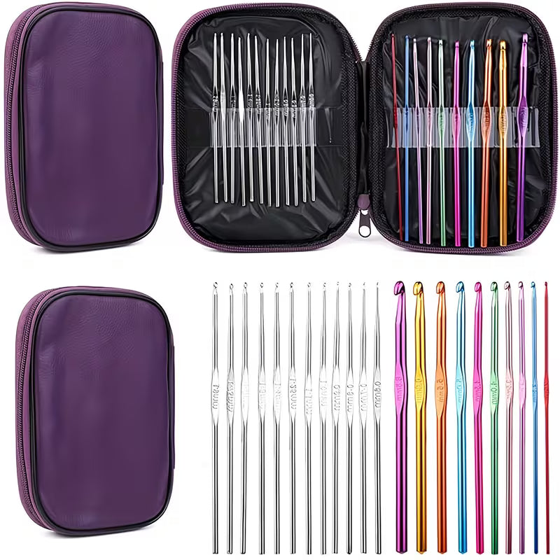 Set in pelle da 22 pezzi con uncinetti colorati e ganci in metallo argentato, include materiali per maglieria fatta a mano, accessori per borse e filato antiscivolo.